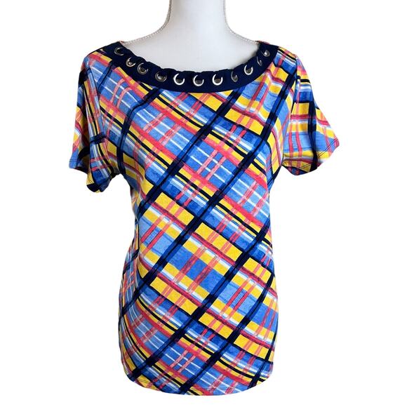 Rafaella Women Top Size L Large Blue Yellow Plaid Eyelet Collar Short Sleeve - Picture 1 of 9